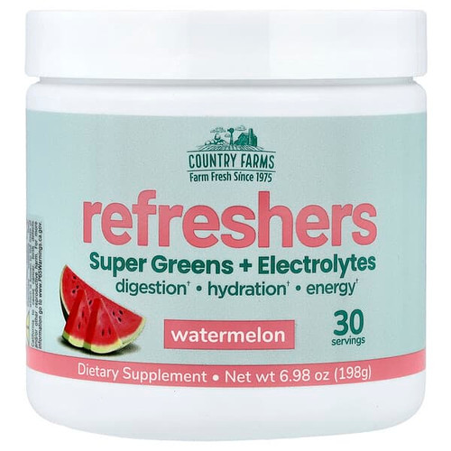 <img alt="Country Farms, Refreshers, Super Greens + Electrolytes, Watermelon, 6.98 oz (198 g)" title="Country Farms, Refreshers, Super Greens + Electrolytes, Watermelon, 6.98 oz (198 g),035046140281"