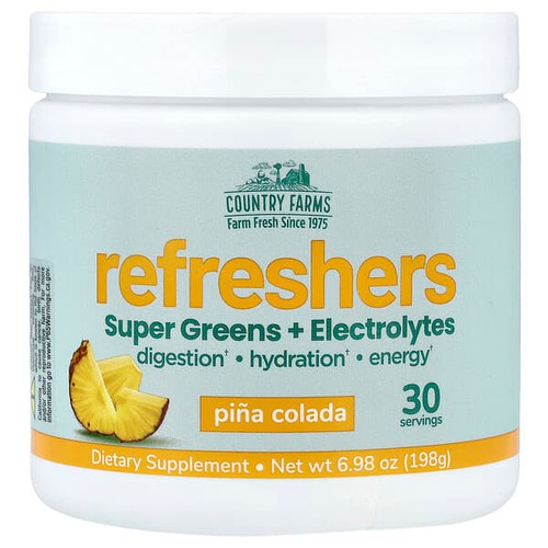<img alt="Country Farms, Refreshers, Super Greens + Electrolytes, Pina Colada, 6.98 oz (198 g)" title="Country Farms, Refreshers, Super Greens + Electrolytes, Pina Colada, 6.98 oz (198 g),035046140311"