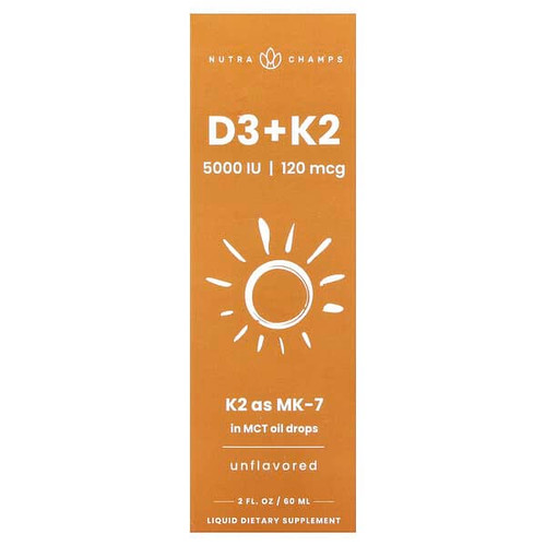 <img alt="NutraChamps, D3 + K2 Liquid Drops, Unflavored, 2 fl oz (60 ml)" title="NutraChamps, D3 + K2 Liquid Drops, Unflavored, 2 fl oz (60 ml),621983990388"