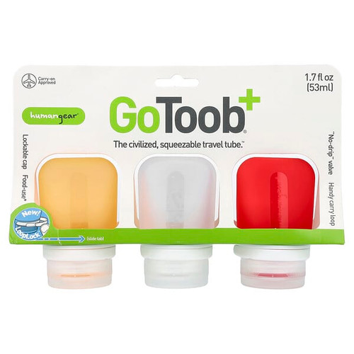 <img alt="Humangear, GoToob+, Travel Tube, Small, Red, Clear & Orange, 3 Pack, 1.7 fl oz (53 ml) Each" title="Humangear, GoToob+, Travel Tube, Small, Red, Clear & Orange, 3 Pack, 1.7 fl oz (53 ml) Each,091037531551"