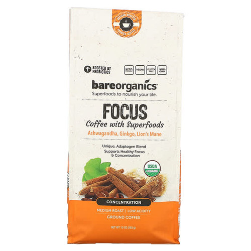 <img alt="BareOrganics, Focus Coffee With Superfoods, Ground, Medium Roast, 10 oz (283 g)" title="BareOrganics, Focus Coffee With Superfoods, Ground, Medium Roast, 10 oz (283 g),811079035943"