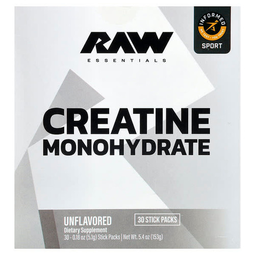 <img alt="Raw Nutrition, Essentials, Creatine Monohydrate, Unflavored, 30 Stick Packs, 0.18 oz (5.1 g) Each" title="Raw Nutrition, Essentials, Creatine Monohydrate, Unflavored, 30 Stick Packs, 0.18 oz (5.1 g) Each,850063790833"