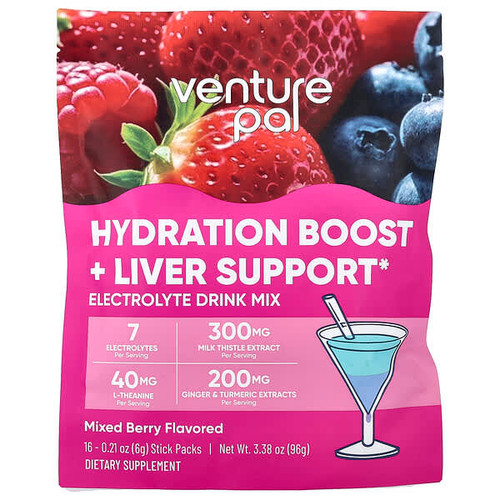 <img alt="Venture Pal, Hydration Boost + Liver Support, Electrolyte Drink Mix, Mixed Berry, 16 Sticks Packs, 0.21 oz (6 g) Each" title="Venture Pal, Hydration Boost + Liver Support, Electrolyte Drink Mix, Mixed Berry, 16 Sticks Packs, 0.21 oz (6 g) Each,850049663502"