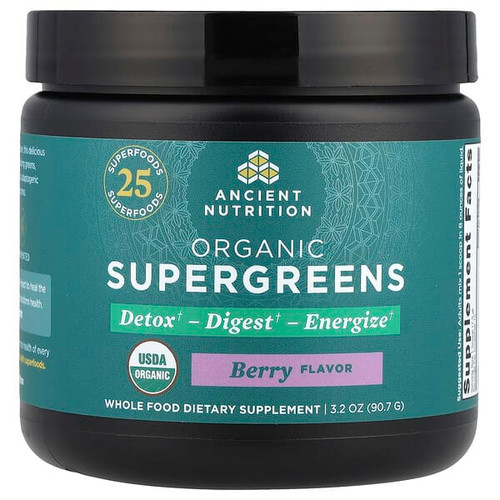 <img alt="Ancient Nutrition, Organic SuperGreens, Berry, 3.2 oz (90.7 g)" title="Ancient Nutrition, Organic SuperGreens, Berry, 3.2 oz (90.7 g),816401027238"