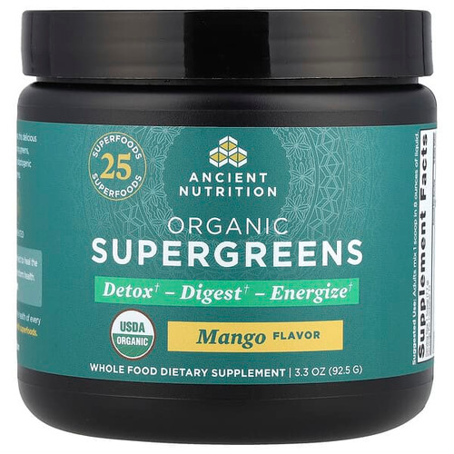 <img alt="Ancient Nutrition, Organic SuperGreens, Mango, 3.3 oz (92.5 g)" title="Ancient Nutrition, Organic SuperGreens, Mango, 3.3 oz (92.5 g),816401027214"