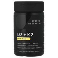<img alt="Sports Research, D3 + K2, Plant-Based, 30 Veggie Softgels" title="Sports Research, D3 + K2, Plant-Based, 30 Veggie Softgels,023249011477"