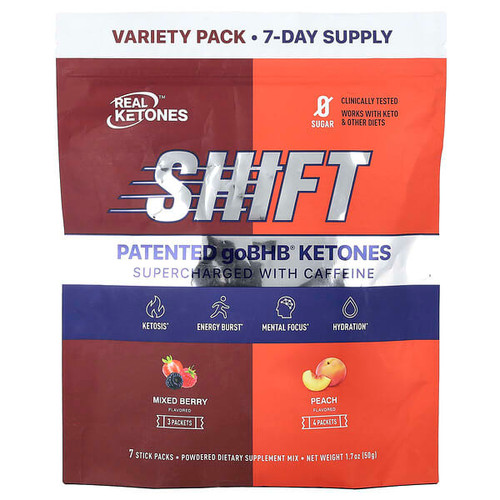 <img alt="Real Ketones, Shift, Supercharged With Caffeine, Variety Pack, Mixed Berry, Peach, 7 Stick Packs, 0.26 oz (7.3 g) Each" title="Real Ketones, Shift, Supercharged With Caffeine, Variety Pack, Mixed Berry, Peach, 7 Stick Packs, 0.26 oz (7.3 g) Each,850024263901"