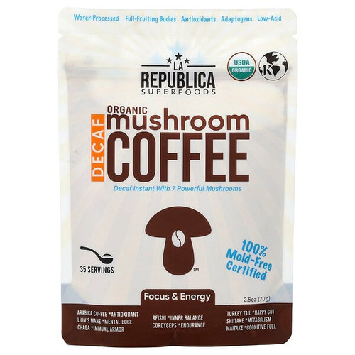 <img alt="La Republica, Organic Mushroom Coffee, Instant Coffee with 7 Mushrooms, Decaf, 2.5 oz (70 g)" title="La Republica, Organic Mushroom Coffee, Instant Coffee with 7 Mushrooms, Decaf, 2.5 oz (70 g),860002766003"