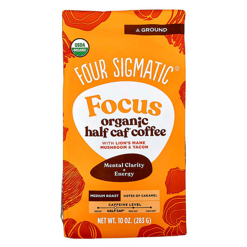 <img alt="Four Sigmatic, Focus, Organic Half Caf Coffee with Lions Mane Mushroom & Yacon, Ground, Medium Roast, 10 oz (283 g)" title="Four Sigmatic, Focus, Organic Half Caf Coffee with Lions Mane Mushroom & Yacon, Ground, Medium Roast, 10 oz (283 g),816897024445"
