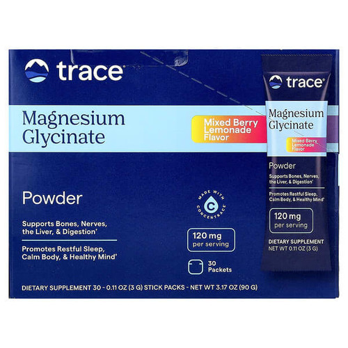 <img alt="Trace, Magnesium Glycinate Powder, Mixed Berry Lemonade, 30 Stick Packs, 0.11 oz (3 g) Each" title="Trace, Magnesium Glycinate Powder, Mixed Berry Lemonade, 30 Stick Packs, 0.11 oz (3 g) Each,878941009228"