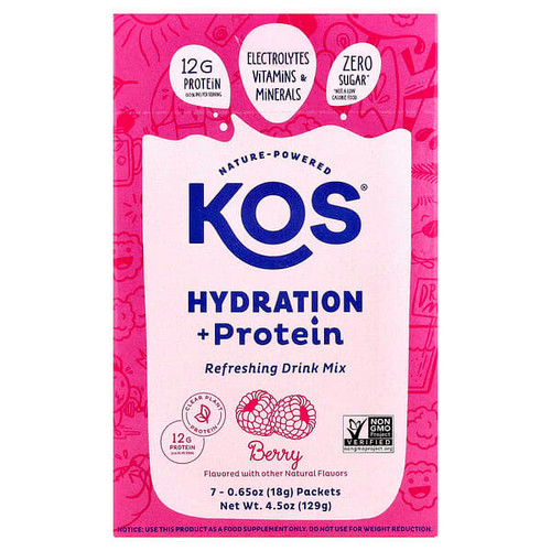 <img alt="KOS, Hydration + Protein, Refreshing Drink Mix, Berry, 7 Packets, 0.65 oz (18 g) Each" title="KOS, Hydration + Protein, Refreshing Drink Mix, Berry, 7 Packets, 0.65 oz (18 g) Each,850051063161"
