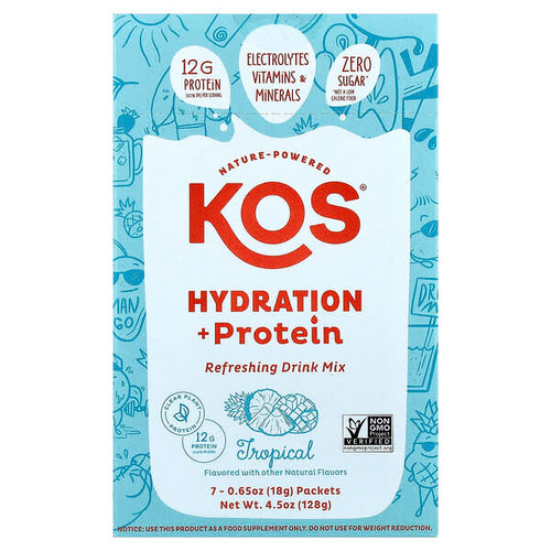 <img alt="KOS, Hydration + Protein, Refreshing Drink Mix, Tropical , 7 Packets, 0.65 oz (18 g) Each" title="KOS, Hydration + Protein, Refreshing Drink Mix, Tropical , 7 Packets, 0.65 oz (18 g) Each,850051063222"