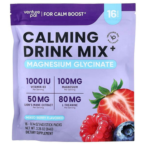 <img alt="Venture Pal, Calming Drink Mix+, Magnesium Glycinate, Mixed Berry, 16 Stick Packs, 0.14 oz (4 g) Each" title="Venture Pal, Calming Drink Mix+, Magnesium Glycinate, Mixed Berry, 16 Stick Packs, 0.14 oz (4 g) Each,850049663595"