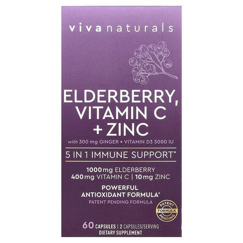 <img alt="Viva Naturals, Elderberry, Vitamin C + Zinc with Ginger + Vitamin D3, 60 Capsules" title="Viva Naturals, Elderberry, Vitamin C + Zinc with Ginger + Vitamin D3, 60 Capsules,811067032763"