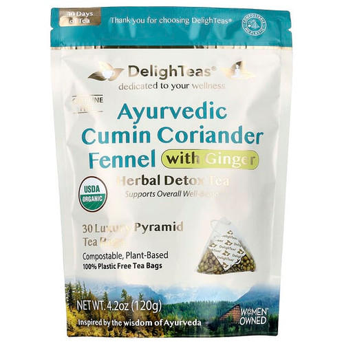 <img alt="DelighTeas, Ayurvedic Cumin Coriander Fennel With Ginger, Herbal Detox Tea, Caffeine Free, 30 Luxury Pyramid Bags, 4.2 oz (120 g)" title="DelighTeas, Ayurvedic Cumin Coriander Fennel With Ginger, Herbal Detox Tea, Caffeine Free, 30 Luxury Pyramid Bags, 4.2 oz (120 g),732131647440"