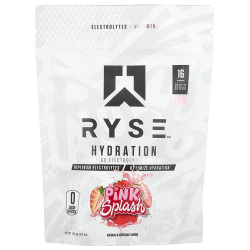 <img alt="RYSE, Hydration, On-The-Go Electrolyte Drink Mix, Pink Splash, 16 Sticks, 0.23 oz (6.4 g) Each" title="RYSE, Hydration, On-The-Go Electrolyte Drink Mix, Pink Splash, 16 Sticks, 0.23 oz (6.4 g) Each,810137320021"