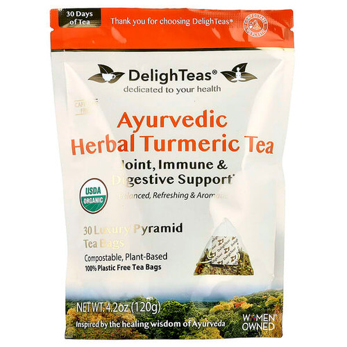 <img alt="DelighTeas, Ayurvedic Herbal Turmeric Tea, Caffeine Free, 30 Luxury Pyramid Tea Bags, 4.2 oz (120 g)" title="DelighTeas, Ayurvedic Herbal Turmeric Tea, Caffeine Free, 30 Luxury Pyramid Tea Bags, 4.2 oz (120 g),765464609502"