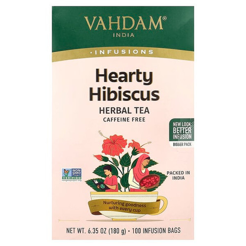 <img alt="VAHDAM India, Infusions, Herbal Tea, Hearty Hibiscus, Caffeine Free, 100 Infusion Bags, 6.35 oz (180 g)" title="VAHDAM India, Infusions, Herbal Tea, Hearty Hibiscus, Caffeine Free, 100 Infusion Bags, 6.35 oz (180 g),810131832773"