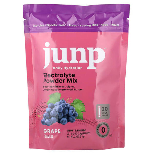 <img alt="JUNP Hydration, Electrolyte Powder Mix, Grape, 20 Stick Packs, 0.13 oz (3.6 g) Each" title="JUNP Hydration, Electrolyte Powder Mix, Grape, 20 Stick Packs, 0.13 oz (3.6 g) Each,848998062637"