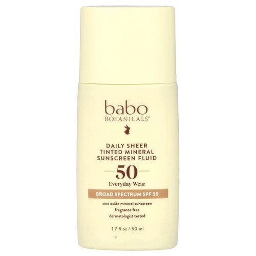 <img alt="Babo Botanicals, Daily Sheer Tinted Mineral Sunscreen Fluid, SPF 50, Fragrance Free, 1.7 fl oz (50 ml)" title="Babo Botanicals, Daily Sheer Tinted Mineral Sunscreen Fluid, SPF 50, Fragrance Free, 1.7 fl oz (50 ml),899248011776"