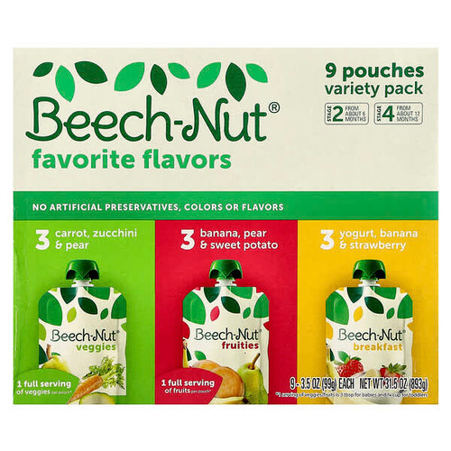 <img alt="Beech-Nut, Favorite Flavors Variety Pack, 6+ Months & 12+ Months, 9 Pouches, 3.5 oz (99 g) Each" title="Beech-Nut, Favorite Flavors Variety Pack, 6+ Months & 12+ Months, 9 Pouches, 3.5 oz (99 g) Each,052200200292"