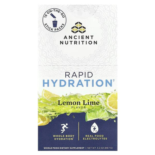 <img alt="Ancient Nutrition, Rapid Hydration, Lemon Lime, 15 On-The-Go Stick Packs, 0.2 oz (6 g) Each" title="Ancient Nutrition, Rapid Hydration, Lemon Lime, 15 On-The-Go Stick Packs, 0.2 oz (6 g) Each,816401028051"
