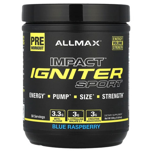 <img alt="ALLMAX, Impact Igniter Sport, Pre Workout, Blue Raspberry, 11.64 oz (330 g)" title="ALLMAX, Impact Igniter Sport, Pre Workout, Blue Raspberry, 11.64 oz (330 g),665553228976"