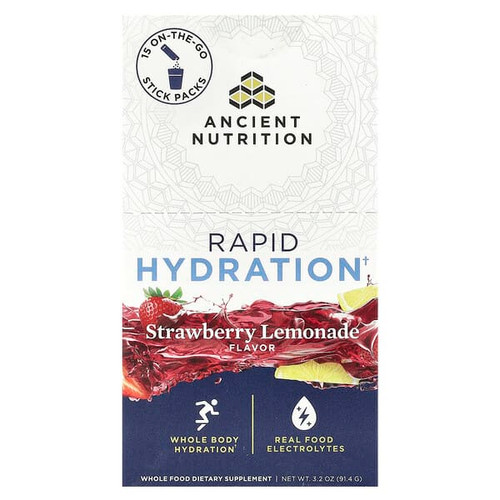 <img alt="Ancient Nutrition, Rapid Hydration, Strawberry Lemonade, 15 On-The-Go Stick Packs, 0.2 oz (6.1 g) Each" title="Ancient Nutrition, Rapid Hydration, Strawberry Lemonade, 15 On-The-Go Stick Packs, 0.2 oz (6.1 g) Each,816401028075"