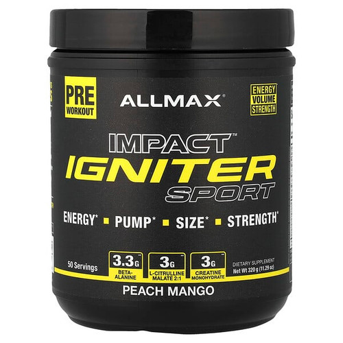 <img alt="ALLMAX, IMPACT IGNITER Sport, Pre-Workout, Peach Mango, 11.29 oz (320 g)" title="ALLMAX, IMPACT IGNITER Sport, Pre-Workout, Peach Mango, 11.29 oz (320 g),665553229409"