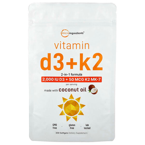 <img alt="Micro Ingredients, Vitamin D3 + K2, 300 Softgels" title="Micro Ingredients, Vitamin D3 + K2, 300 Softgels,850056167291"
