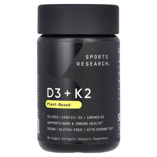 <img alt="Sports Research, D3 + K2, Plant-Based, 62.5 mcg-100 mcg, 60 Veggie Softgels" title="Sports Research, D3 + K2, Plant-Based, 62.5 mcg-100 mcg, 60 Veggie Softgels,023249091660"