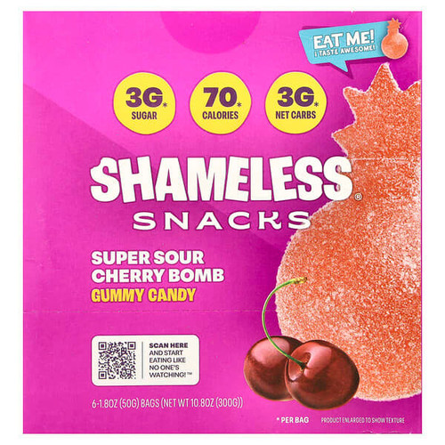<img alt="Shameless Snacks, Gummy Candy, Super Sour Cherry Bomb, 6 Bags, 1.8 oz (50 g) Each" title="Shameless Snacks, Gummy Candy, Super Sour Cherry Bomb, 6 Bags, 1.8 oz (50 g) Each,10810098574362"