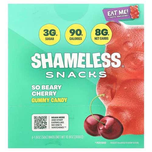 <img alt="Shameless Snacks, Gummy Candy, So Beary Cherry, 6 Bags, 1.8 oz (50 g) Each" title="Shameless Snacks, Gummy Candy, So Beary Cherry, 6 Bags, 1.8 oz (50 g) Each,10810098574348"