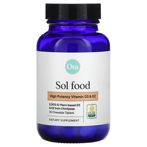 <img alt="Ora, Sol Food, High Potency Vitamin D3 & K2, 30 Chewable Tablets" title="Ora, Sol Food, High Potency Vitamin D3 & K2, 30 Chewable Tablets,850028725238"