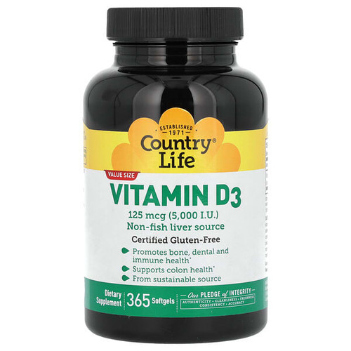 <img alt="Country Life, Vitamin D3, 125 mcg (5,000 lU), 365 Softgels" title="Country Life, Vitamin D3, 125 mcg (5,000 lU), 365 Softgels,015794058120"