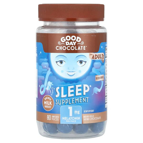 <img alt="Good Day Chocolate, Sleep Supplement, For Adults, Milk Chocolate, 1 mg, 80 Candy Coated Pieces" title="Good Day Chocolate, Sleep Supplement, For Adults, Milk Chocolate, 1 mg, 80 Candy Coated Pieces,858982004437"