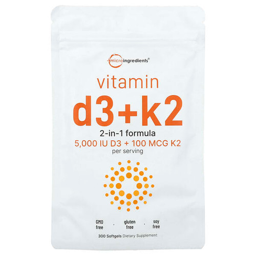 <img alt="Micro Ingredients, Vitamin D3 + K2, 300 Softgels" title="Micro Ingredients, Vitamin D3 + K2, 300 Softgels,850015616020"