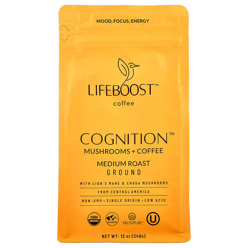 <img alt="Lifeboost, Cognition, Mushrooms + Coffee, Ground, Medium Roast, 12 oz (340 g)" title="Lifeboost, Cognition, Mushrooms + Coffee, Ground, Medium Roast, 12 oz (340 g),850050015239"