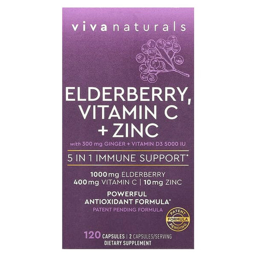 <img alt="Viva Naturals, Elderberry, Vitamin C + Zinc, 120 Capsules" title="Viva Naturals, Elderberry, Vitamin C + Zinc, 120 Capsules,811067031780"