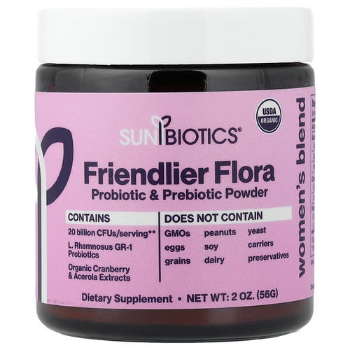 <img alt="Sunbiotics, Friendlier Flora, Womens Blend, Probiotic & Prebiotic Powder, 2 oz (56 g)" title="Sunbiotics, Friendlier Flora, Womens Blend, Probiotic & Prebiotic Powder, 2 oz (56 g),850020805686"