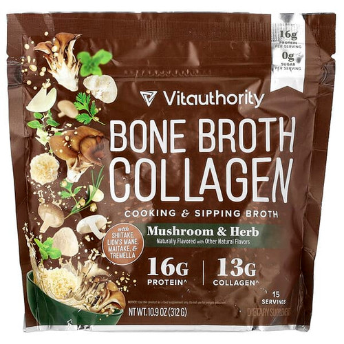 <img alt="Vitauthority, Bone Broth Collagen, Cooking & Sipping Broth, Mushroom & Herb, 10.9 oz (312 g)" title="Vitauthority, Bone Broth Collagen, Cooking & Sipping Broth, Mushroom & Herb, 10.9 oz (312 g),850069641115"