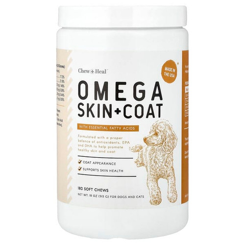 <img alt="Chew + Heal, Omega Skin + Coat, with Essential Fatty Acids, For Dogs and Cats, 180 Soft Chew, 18 oz (513 g)" title="Chew + Heal, Omega Skin + Coat, with Essential Fatty Acids, For Dogs and Cats, 180 Soft Chew, 18 oz (513 g),708176143810"