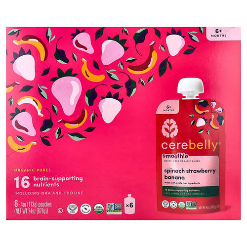 <img alt="Cerebelly, Smoothie, Dairy-Free Organic Puree, 6+ Months, Spinach, Strawberry, Banana, 6 Pouches, 4 oz (113 g) Each" title="Cerebelly, Smoothie, Dairy-Free Organic Puree, 6+ Months, Spinach, Strawberry, Banana, 6 Pouches, 4 oz (113 g) Each,850039383540"