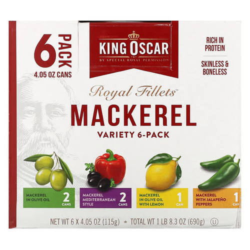<img alt="King Oscar, Royal Fillets, Mackerel, Variety 6-Pack, 6 Cans, 4.05 oz (115 g) Each" title="King Oscar, Royal Fillets, Mackerel, Variety 6-Pack, 6 Cans, 4.05 oz (115 g) Each,034800606919"