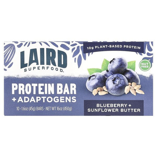 <img alt="Laird Superfood, Protein Bar + Adaptogens, Blueberry + Sunflower Butter, 10 Bars, 1.6 oz (45 g) Each" title="Laird Superfood, Protein Bar + Adaptogens, Blueberry + Sunflower Butter, 10 Bars, 1.6 oz (45 g) Each,810005133531"