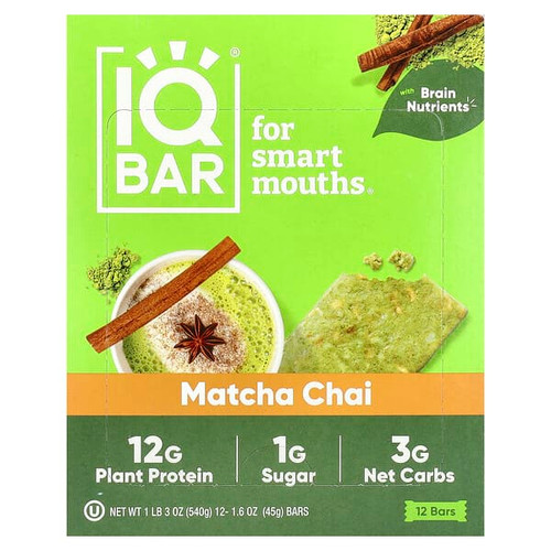 <img alt="IQBAR, Plant Protein Bar, Matcha Chai, 12 Bars, 1.6 oz (45 g) Each" title="IQBAR, Plant Protein Bar, Matcha Chai, 12 Bars, 1.6 oz (45 g) Each,850004554098"
