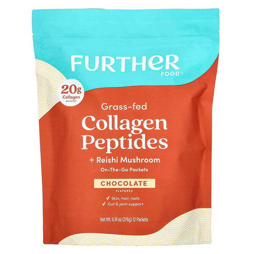 <img alt="Further Food, Grass-Fed Collagen Peptides + Reishi Mushroom, Chocolate, 12 Packets, 0.81 oz (23 g) Each" title="Further Food, Grass-Fed Collagen Peptides + Reishi Mushroom, Chocolate, 12 Packets, 0.81 oz (23 g) Each,850006249749"