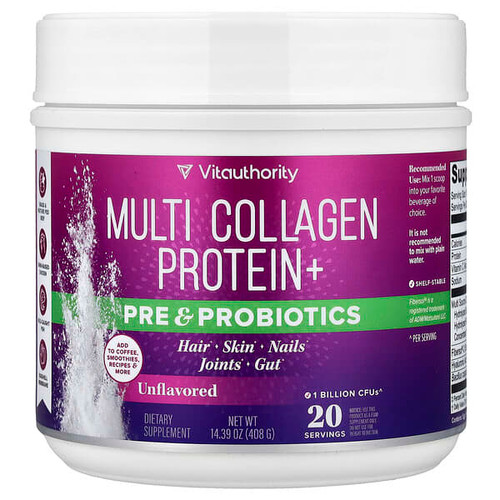 <img alt="Vitauthority, Multi Collagen Protein+ Pre & Probiotics, Unflavored, 14.39 oz (408 g)" title="Vitauthority, Multi Collagen Protein+ Pre & Probiotics, Unflavored, 14.39 oz (408 g),850069641214"