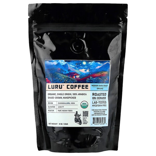 <img alt="Pure Indian Foods, Luru Coffee, Ground, Medium-Dark Roast, 8 oz (226 g)" title="Pure Indian Foods, Luru Coffee, Ground, Medium-Dark Roast, 8 oz (226 g),850035485880"