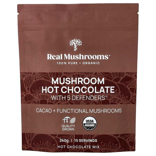 <img alt="Real Mushrooms, Mushroom Hot Chocolate with 5 Defenders, 240 g" title="Real Mushrooms, Mushroom Hot Chocolate with 5 Defenders, 240 g,628110068446"